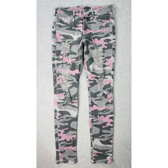 True Religion‎ Halle Distressed Camo Skinny Jeans Womens Size 26 Gray Pink Black - Picture 1 of 16